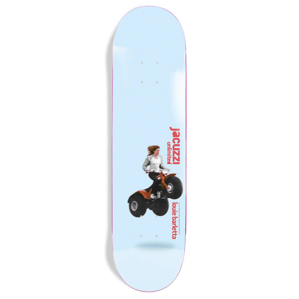 A JACUZZI UNLIMITED skateboard made of maple wood featuring an image of a person riding an ATV.