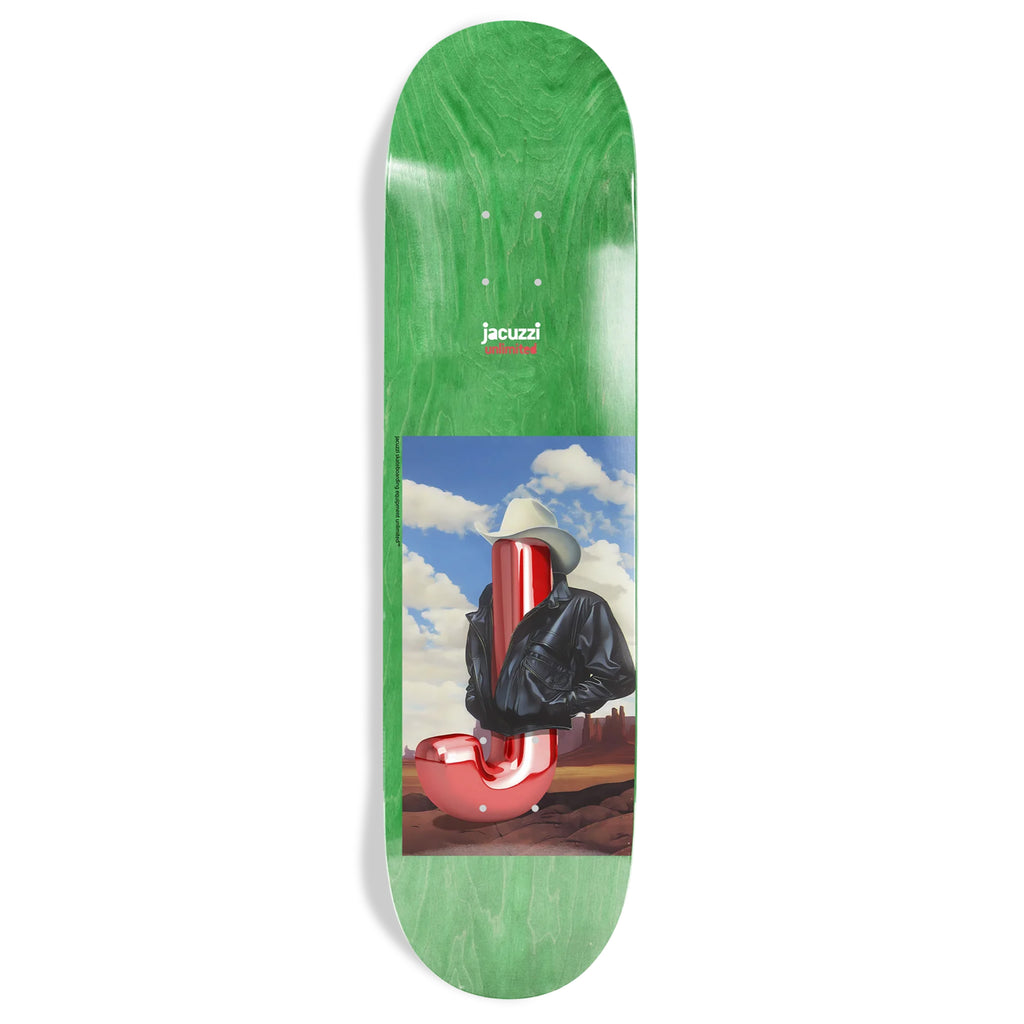 A JACUZZI UNLIMITED green skateboard with a picture of a JACUZZI UNLIMITED skateboard on it made from maple wood.