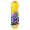 A yellow skateboard with a JACUZZI UNLIMITED PILZ CARRIED AWAY picture.