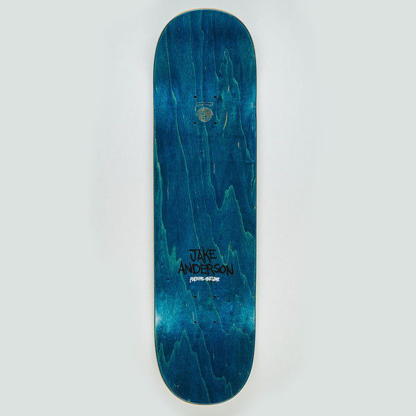 The FUCKING AWESOME JAKE ANDERSON WOLF BEACH deck is a blue skateboard with wood grain, featuring "Jake Anderson" and "Fucking Awesome" in black—an eye-catching piece from the brand's Wolf Beach collection.