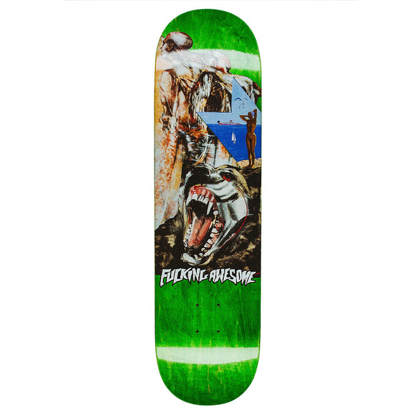 The FUCKING AWESOME Jake Anderson Wolf Beach skateboard deck showcases a collage of a roaring wolf, human figure, and mountain scene with the "FUCKING AWESOME" logo at the bottom.