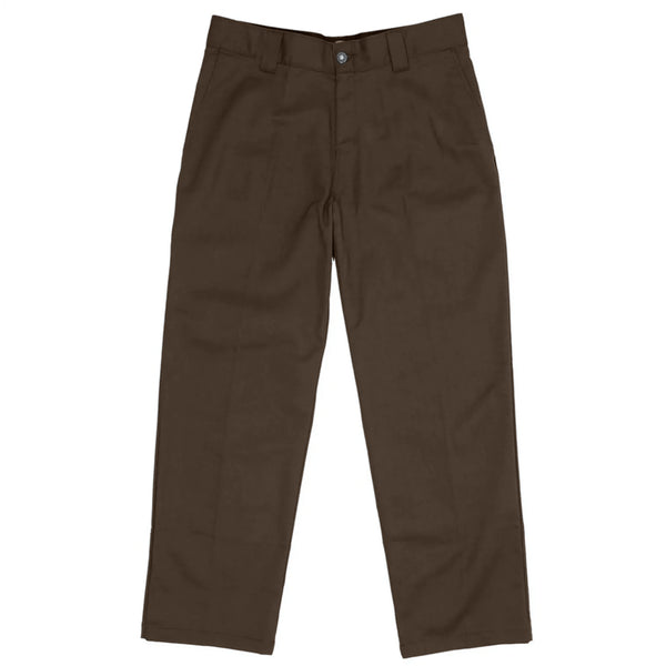 A pair of DICKIES JAMIE FOY LOOSE FIT STRAIGHT LEG PANT DARK BROWN trousers with a button and zip closure, front and back pockets, belt loops, and a straight leg fit made from FLEX brushed twill, displayed on a white background.