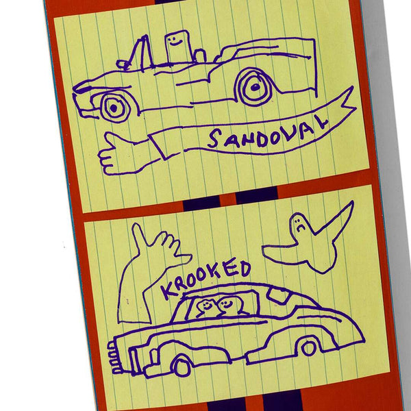 Two yellow notepads with purple doodles of cars, figures, and hands labeled "KROOKED SANDOVAL RACECAR." These 8.25" designs feature a convertible and a ghost, perfect for the BURN BIRD enthusiast in you.