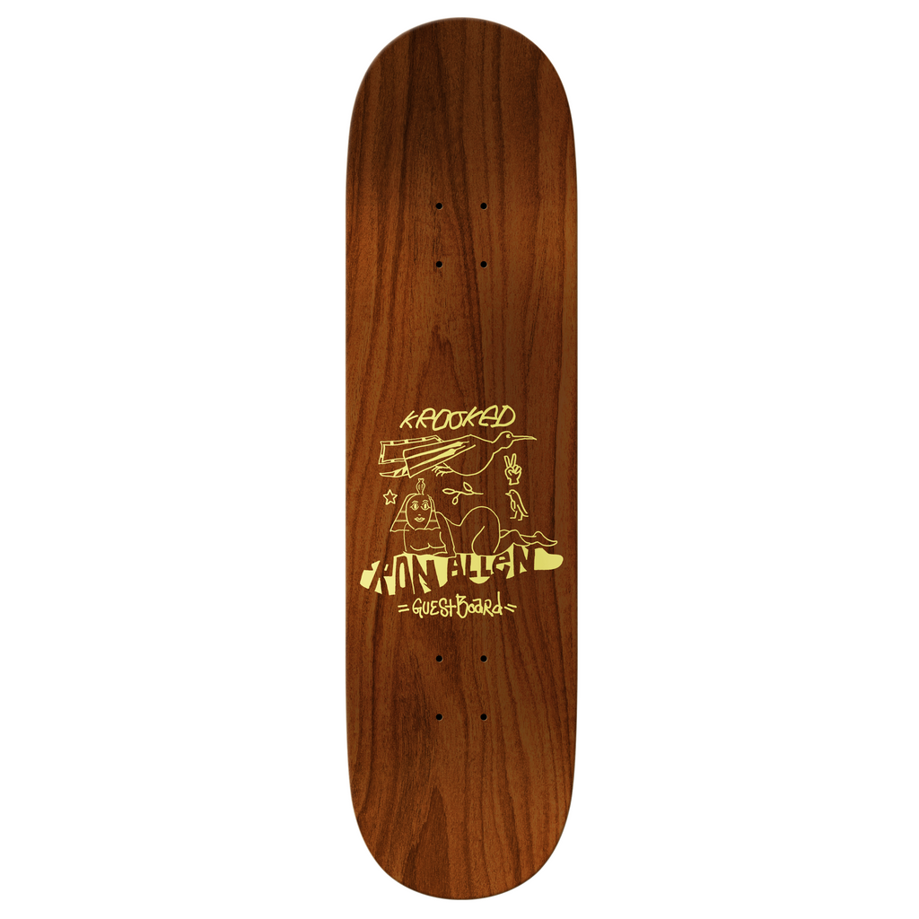 The top of a brown stained skateboard deck that has a bird and a pharaoh laying down and reads "Ron Allen".  