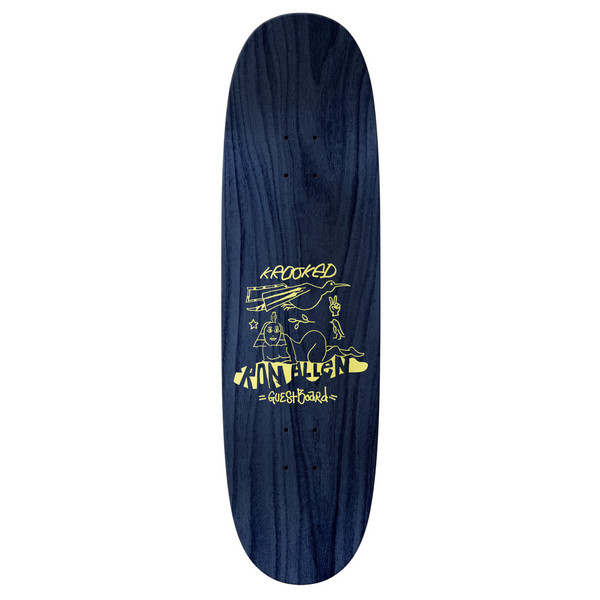 A blue stained, wider shaped skateboard deck top with a bird and a pharaoh laying down with words that read "Ron Allen".
