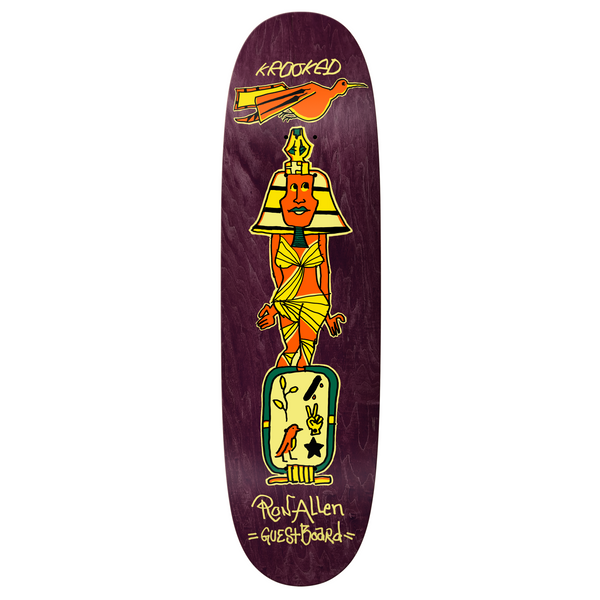 A purple stained, wider shaped skateboard with a print of a pharaoh and hieroglyphics. 