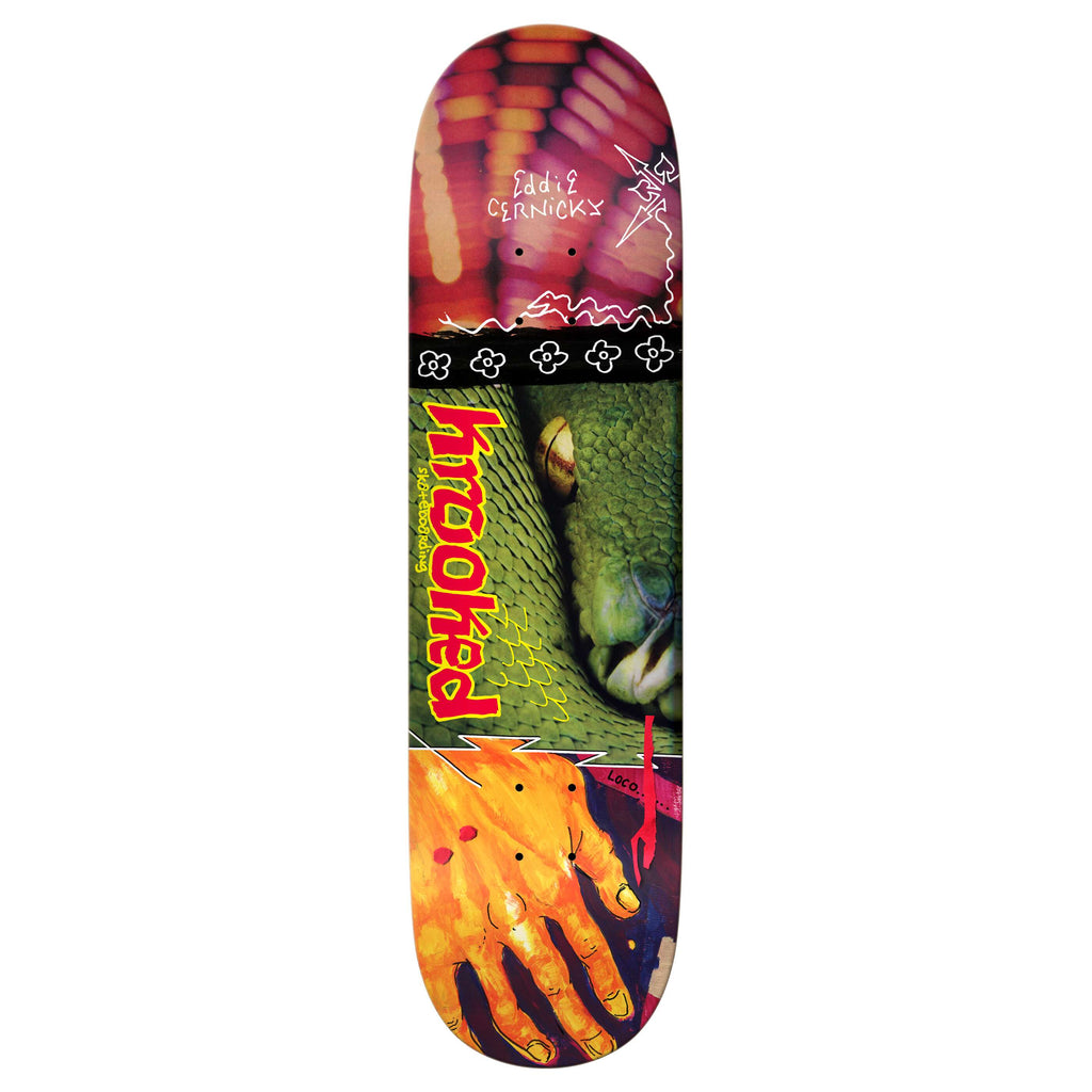 The KROOKED CERNICKY SNAKE BITE 8.38" skateboard deck by KROOKED features colorful artwork with a hand, reptile eye, abstract designs, and "KROOKED CERNICKY" text on the surface.