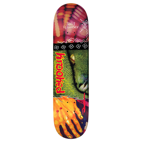The KROOKED CERNICKY SNAKE BITE 8.38" skateboard deck by KROOKED features colorful artwork with a hand, reptile eye, abstract designs, and "KROOKED CERNICKY" text on the surface.