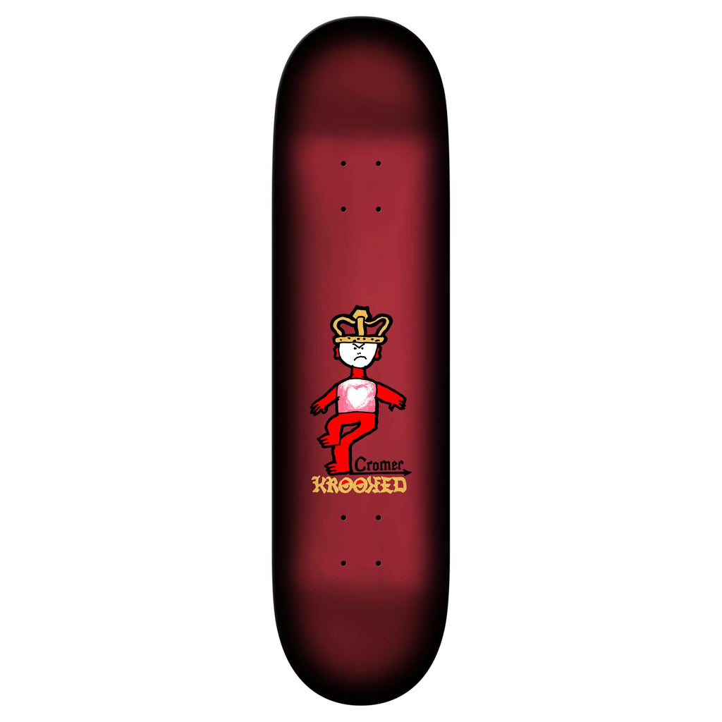 The KROOKED CROMER MAD KING 8.06" skateboard deck features a red gradient background and a crowned cartoon character in a red outfit, with "Cromer" and "Krooked" printed below.