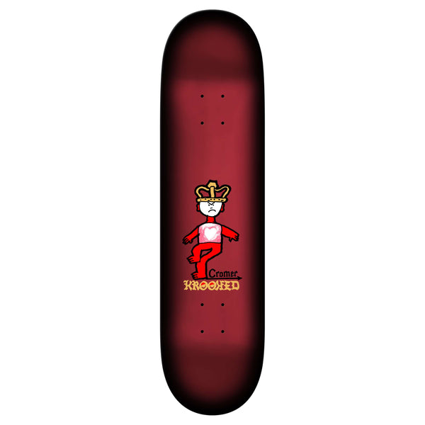 The KROOKED CROMER MAD KING 8.06" skateboard deck features a red gradient background and a crowned cartoon character in a red outfit, with "Cromer" and "Krooked" printed below.