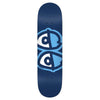 A KROOKED TEAM EASY RIDERS BLUE skateboard deck in blue, featuring a 32.56" length and an 8.62" width, adorned with a graphic design of two stylized eyes in light blue and white.