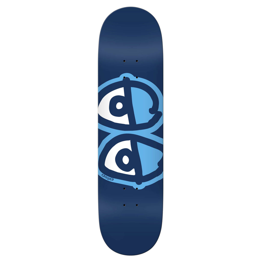 A KROOKED TEAM EASY RIDERS BLUE skateboard deck in blue, featuring a 32.56" length and an 8.62" width, adorned with a graphic design of two stylized eyes in light blue and white.