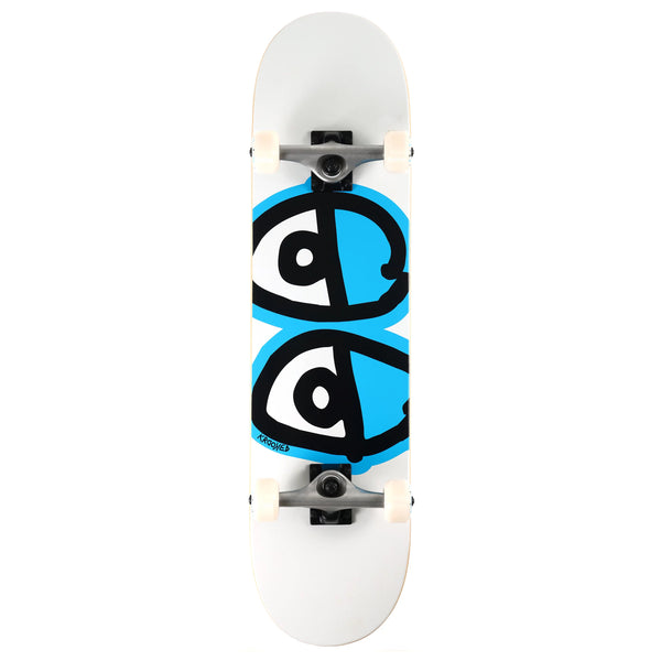A KROOKED EYES COMPLETE WHITE skateboard with Krooked brand on it.
