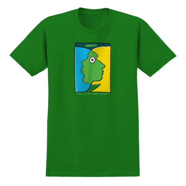 A green tee with a cartoon face from Deluxe's Krooked Freek Show collection.