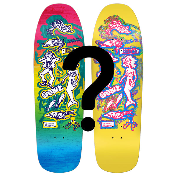 Two KROOKED GONZ COLOR MY FRIENDS BLIND BAG skateboards with a question mark on them.