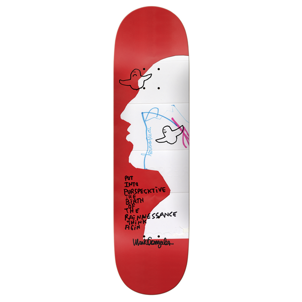 A red KROOKED GONZ VERTIGO skateboard with a drawing on it, by DELUXE.