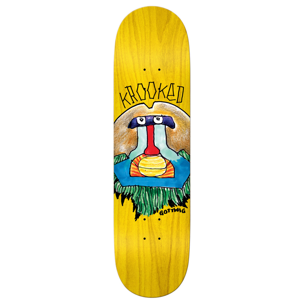 A yellow KROOKED GOTTWIG PRIMATE skateboard with a dog image by DELUXE.