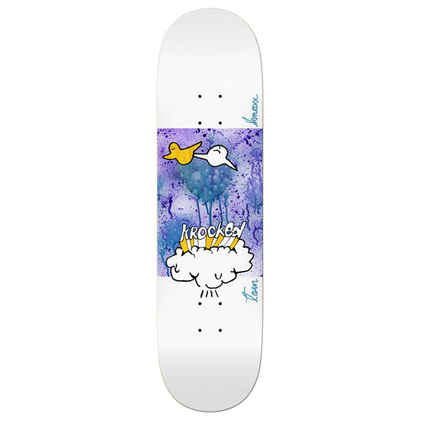 A KROOKED KNOX NAVIGATOR skateboard with a picture of clouds and a bird on it.