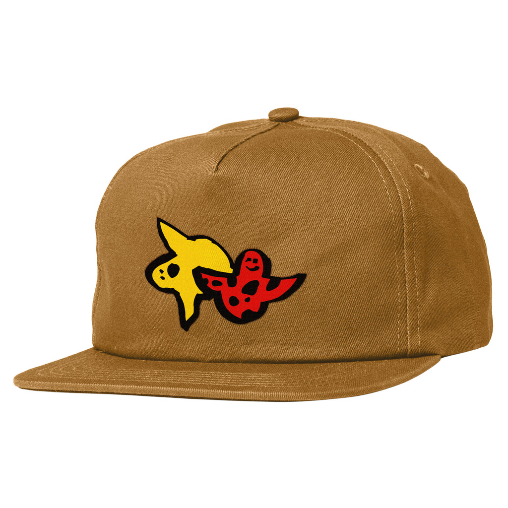 A KROOKED LADYBUG SNAPBACK BROWN hat with a red and yellow logo on it, featuring a KROOKED design.