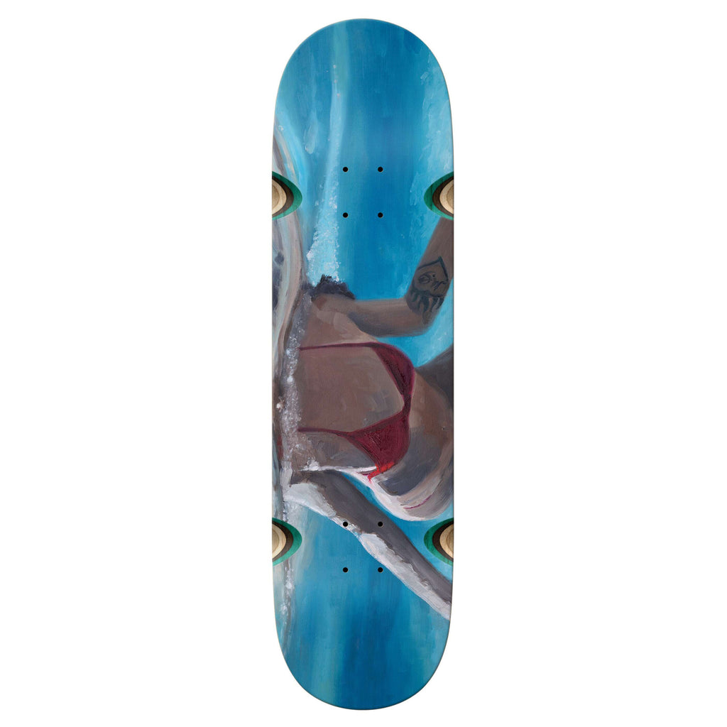 The KROOKED LEE SMITH GUEST ARTIST WHEEL WELLS skateboard deck features an illustration of a person in a red bathing suit with a tattooed arm, set against a blue background. Designed for quick, responsive pop and enhanced control.