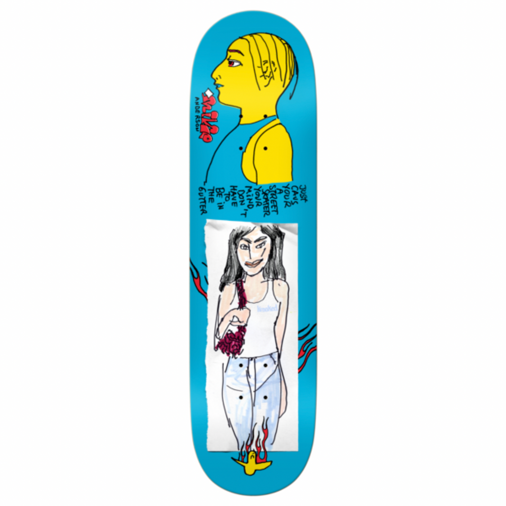 The KROOKED ANDERSON JUST CAUS skateboard deck from KROOKED features an artistic design with a yellow-skinned side profile and a woman holding flowers. The phrase "JUST CAUS" is elegantly handwritten above and around the vibrant imagery, enhancing the unique design.