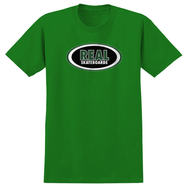 A DELUXE REAL OVAL TEE KELLY GREEN / BLACK with the word "real sports" on it.