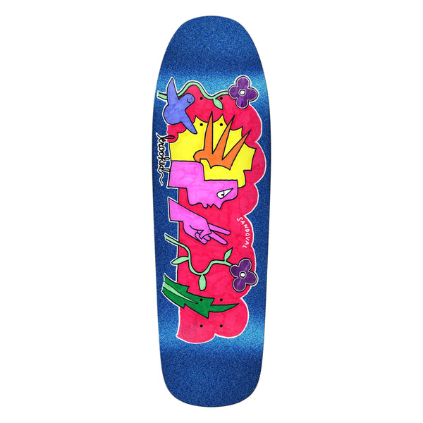 The KROOKED SANDOVAL PEACE SIGN skateboard deck by KROOKED features blue coloring with vibrant graffiti-style art, abstract shapes, flowers, a central crown motif, and a bold peace sign.