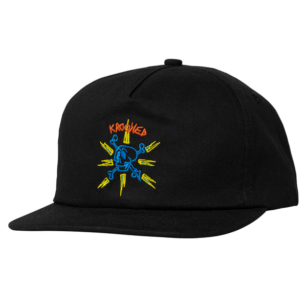 A KROOKED STYLE KR SNAPBACK BLACK with a skull and crossbones logo on it, adding a touch of edgy style.