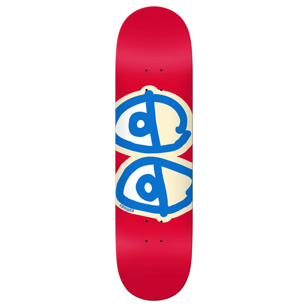 The KROOKED TEAM EYES RED skateboard deck by KROOKED features two blue and white stylized eye illustrations stacked vertically in the center on a red background.