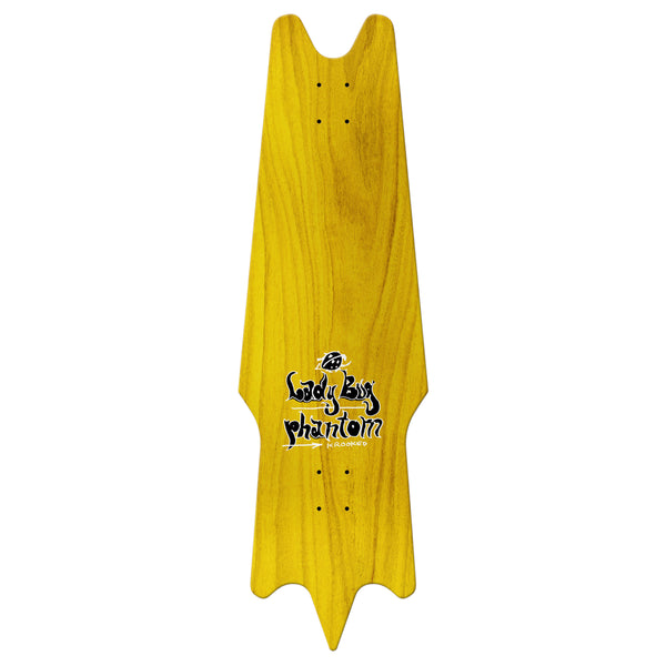 A KROOKED TEAM LADYBUG PHANTOM skateboard with a black Krooked logo on it.