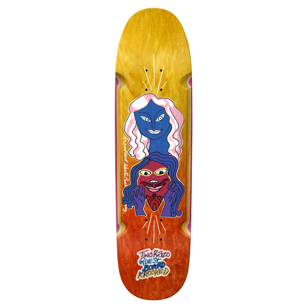 The KROOKED TINO RAZO GUEST BOARD is a skateboard deck featuring vibrant artwork of two stylized, abstract characters set against a gradient background transitioning from yellow to red. The text at the bottom reads "Tino Razo guest board for Krooked," highlighting LEE SMITH as the guest artist.