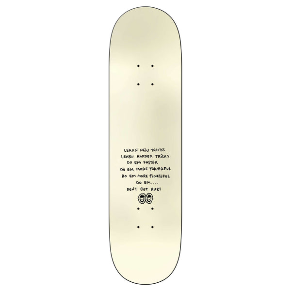 The KROOKED UNA BUTTERFLY CALL skateboard deck, 8.5" wide, features black motivational text in the center and a small smiling face doodle near the bottom.