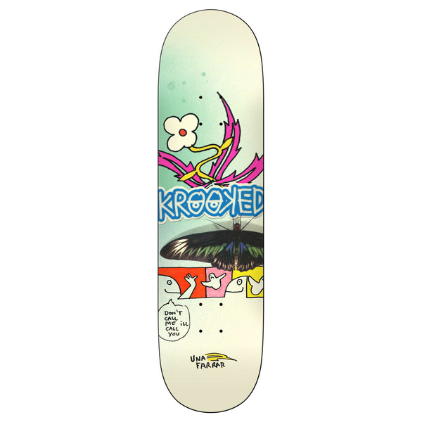The KROOKED UNA BUTTERFLY CALL skateboard deck (8.5" wide) by KROOKED features a butterfly, colorful abstract shapes, a flower, "KROOKED" text, and UNA FARRAR's note: "Don't only care 'til you.