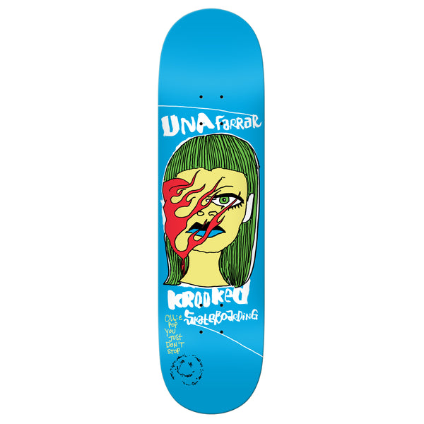 A DELUXE KROOKED UNA DONT STOP skateboard featuring an image of a woman with green hair.