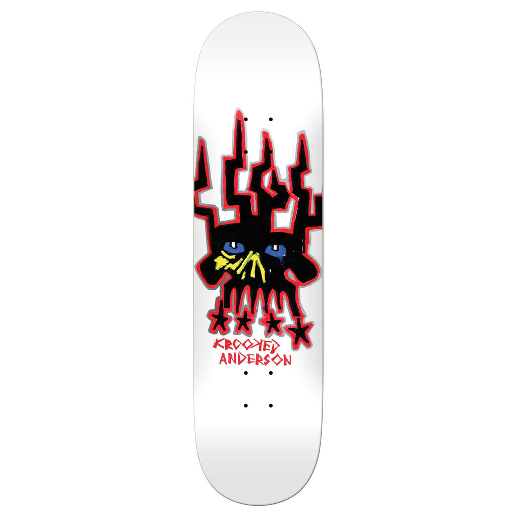 Skateboard deck with a SKULL design and red text on a white background