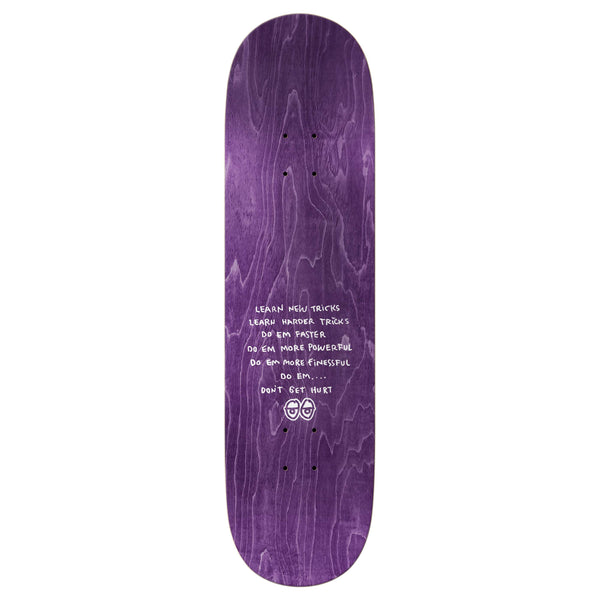 The KROOKED CERNICKY SNAKE BITE skateboard deck (8.38", purple) features bold white text: "Learn new tricks. Learn harder tricks. Go em faster. Do em more powerful. Do em more successful. Do em. Don't get hurt.