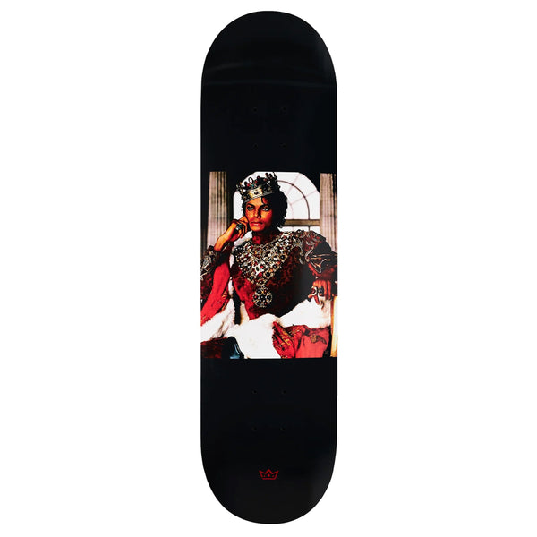 A black skateboard with a picture of a king on it, designed by NA-KEL SMITH, called KING TYSHAWN JONES APPLE HEAD BLACK.