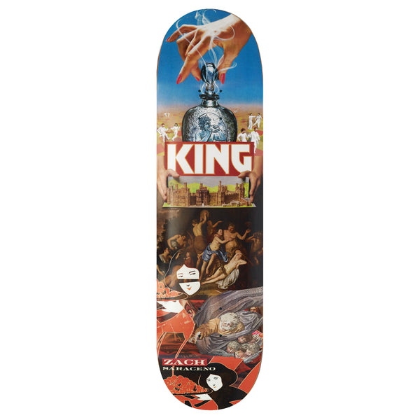 A KING skateboard deck featuring a collage of various classical and contemporary images, including texts, figures, and a central sphere under the word "KING NA-KEL DOVES.