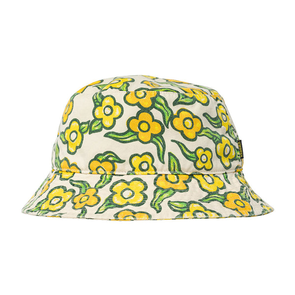 The KROOKED FLOWERS BUCKET HAT by KROOKED features Gonz's yellow flower and green leaf artwork on a white background. OSFA for comfort.