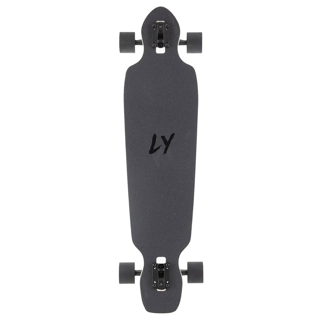 A LANDYACHTZ BATTLE AXE PAPER TIGER longboard with the word ly on it.