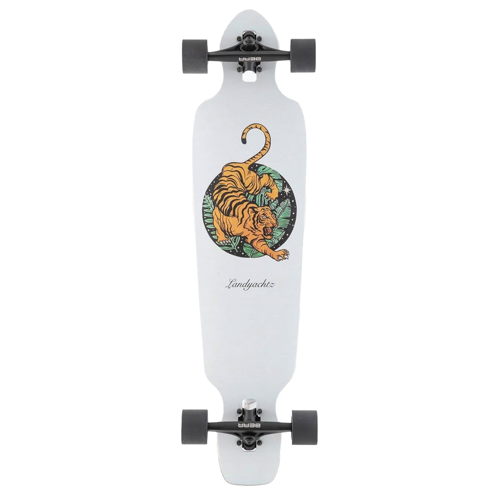 A LANDYACHTZ BATTLE AXE PAPER TIGER LONGBOARD with a tiger on it.