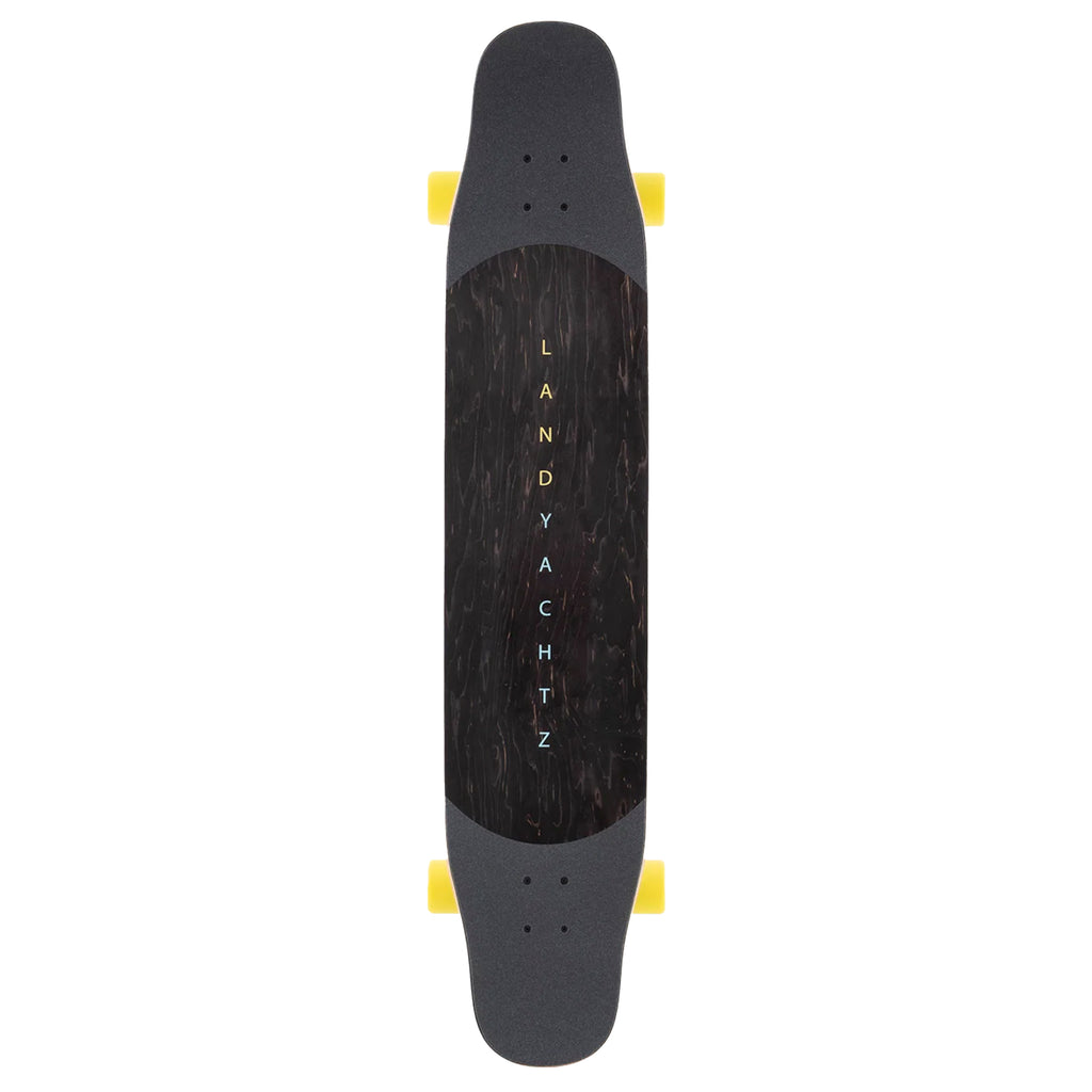 A Landyachtz Stratus 46" Spectrum longboard with yellow wheels on a white background.