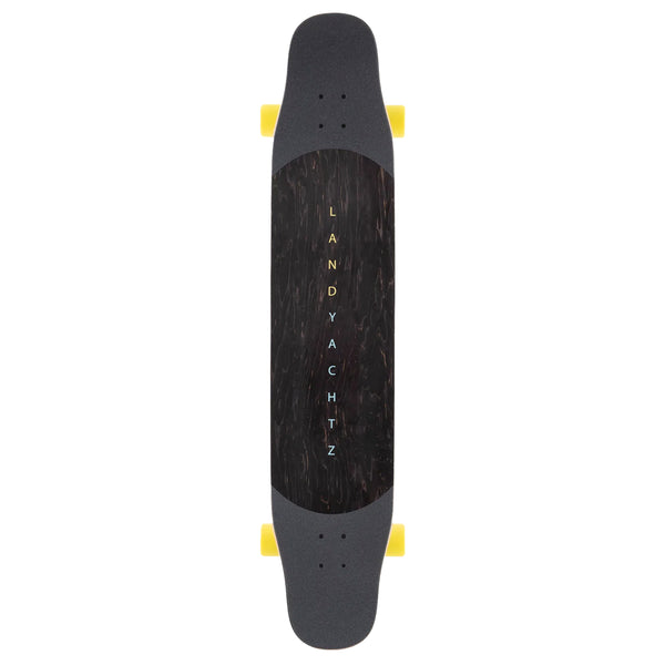 A Landyachtz Stratus 46" Spectrum longboard with yellow wheels on a white background.