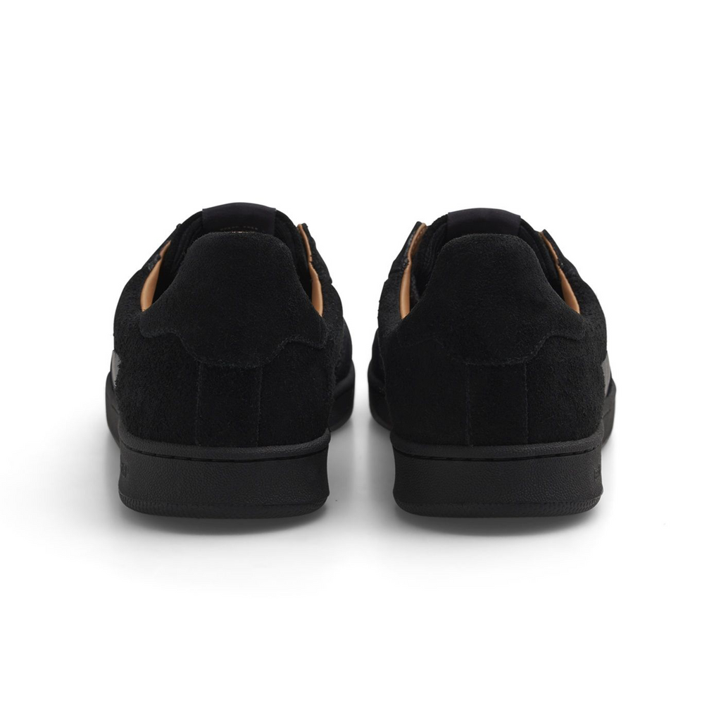 The back view of a pair of all black shoes.