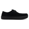 The LAST RESORT AB VM006 MOC BLACK / BLACK by Last Resort AB is a black suede shoe with a textured rubber sole, simple lace-up design, and low-profile silhouette.