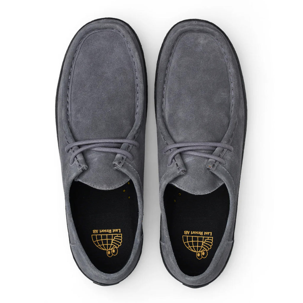 A pair of Last Resort AB VM006 MOC Steel Grey/Black lace-up shoes with black rubber soles and a Cloudy Cush insole, viewed from above.