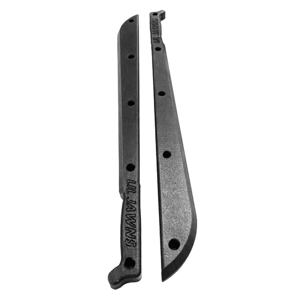 A pair of machete shaped black skate rails with 5 holes each. 