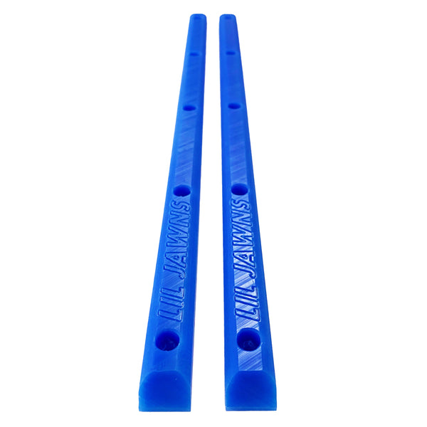 A pair of blue plastic skateboard rails with 5 holes each. 