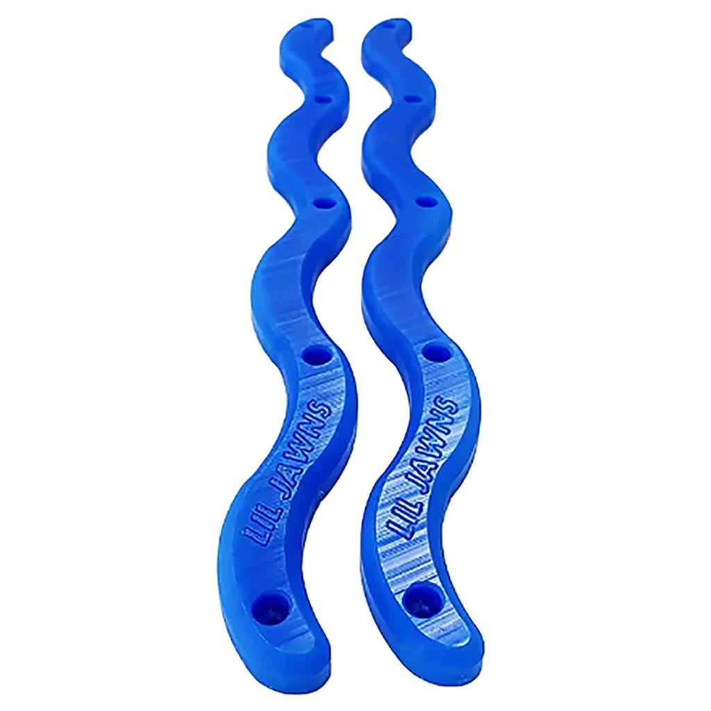 A pair of plastic, wavy, blue skateboard rails with 5 holes. 