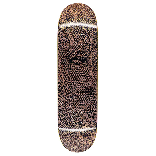 A LIMOSINE skateboard with a snake skin pattern on it, designed by Max Palmer.